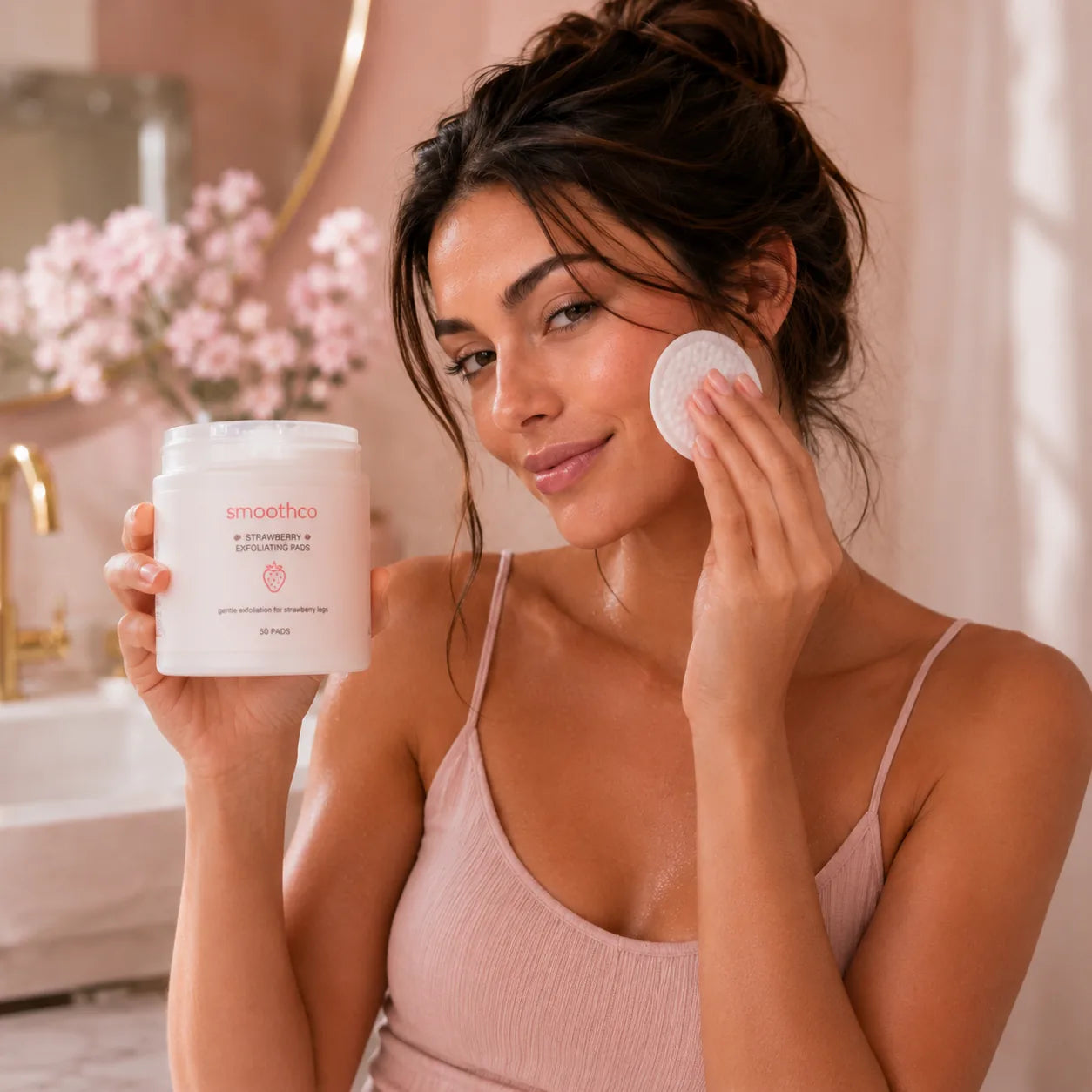 Model holding Smoothco Strawberry Exfoliating Pads