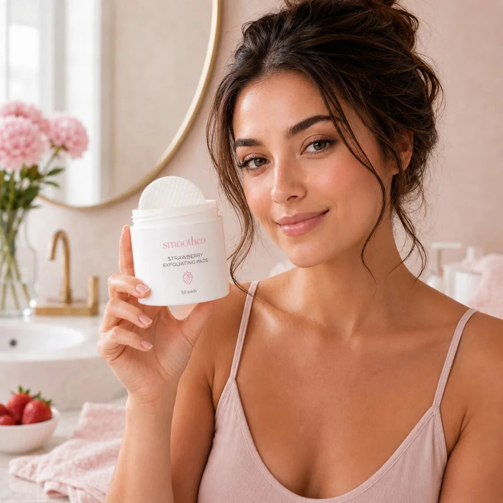 Model holding Smoothco Strawberry Exfoliating Pads