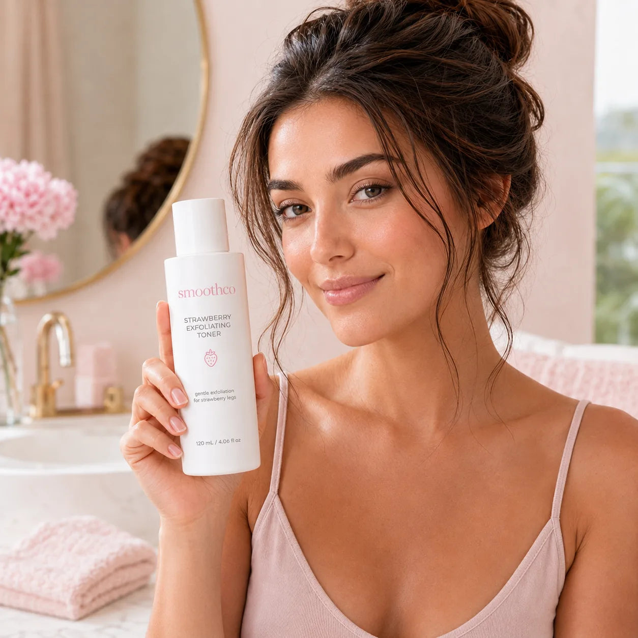 Model holding Smoothco Strawberry Exfoliating Toner