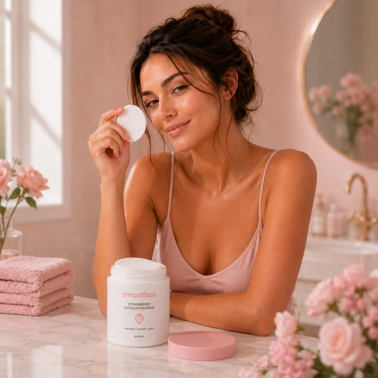 Smoothco Strawberry Exfoliating Pads in a warm body-care routine