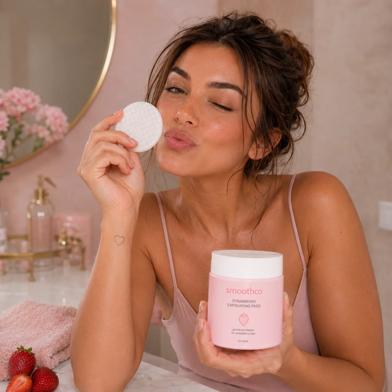 Model holding a Smoothco exfoliating pad